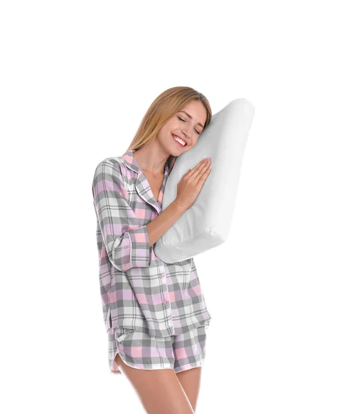 Mujer Feliz Pijama Con Almohada Sobre Fondo Blanco —  Fotos de Stock