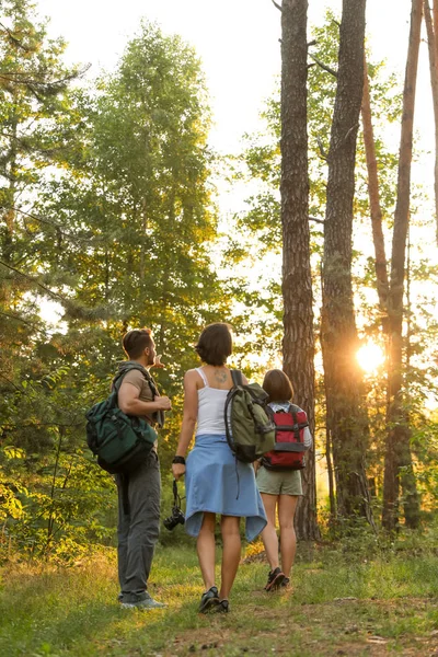 Young friends in forest on summer day. Camping season