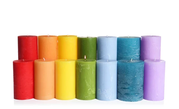 Different Colorful Wax Candles White Background — Stock Photo, Image