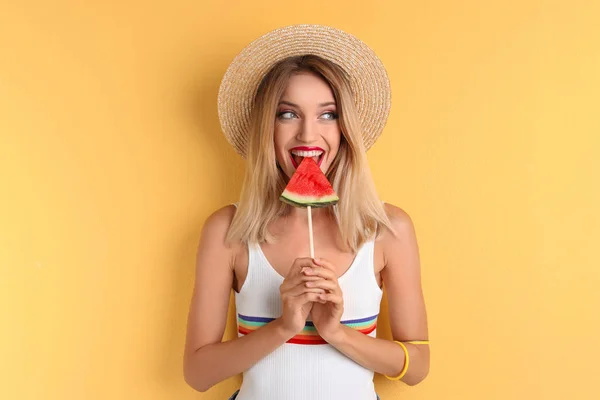 Pretty Young Woman Juicy Watermelon Color Background — Stock Photo, Image