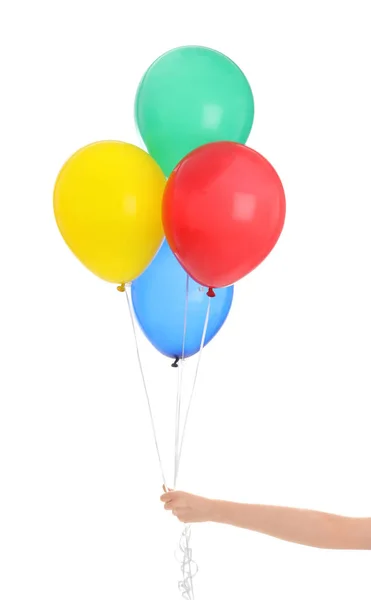 Mujer Sosteniendo Racimo Globos Colores Sobre Fondo Blanco — Foto de Stock