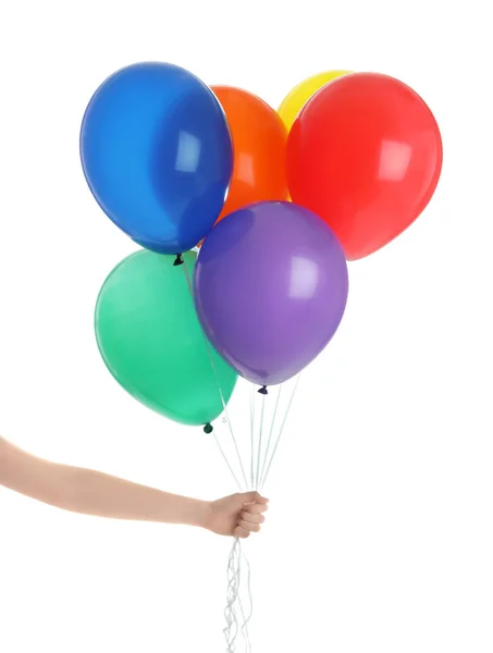 Frau Hält Bündel Bunter Luftballons Auf Weißem Hintergrund — Stockfoto