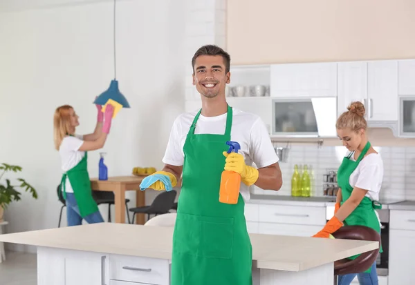 Team Professional Janitors Uniform Cleaning Kitchen — Stock Photo, Image