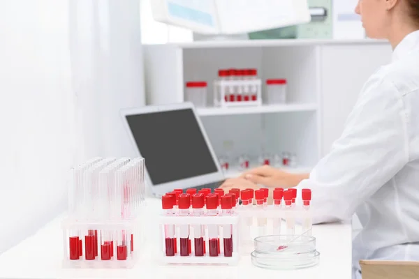 Kan Örnekleri Bilgisayar Laboratuarında Çalışan Bilim Adamı Ile Test Tüpleri — Stok fotoğraf