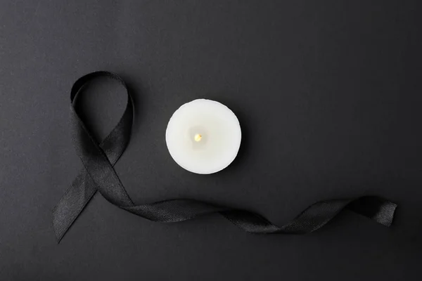 Ribbon Candle Black Background Top View Funeral Symbols — Stock Photo, Image