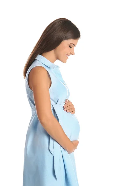 Feliz Embarazada Tocando Vientre Sobre Fondo Blanco —  Fotos de Stock