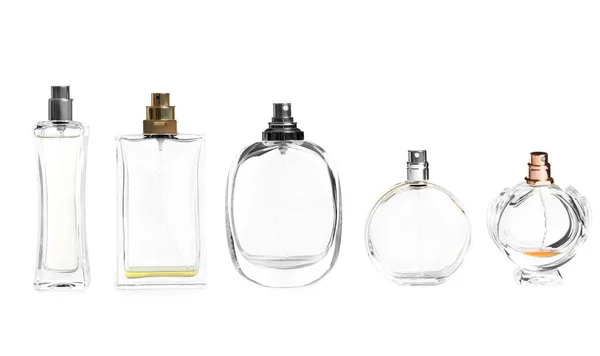 Différents Flacons Parfum Sur Fond Blanc — Photo