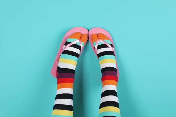 Woman Wearing Bright Socks Flip Flops Color Background — Stock Photo, Image