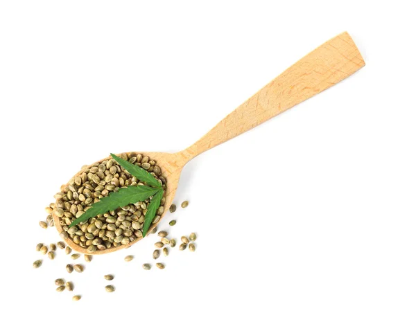 Spoon Hemp Seeds Green Leaf White Background Top View — Stock Photo, Image
