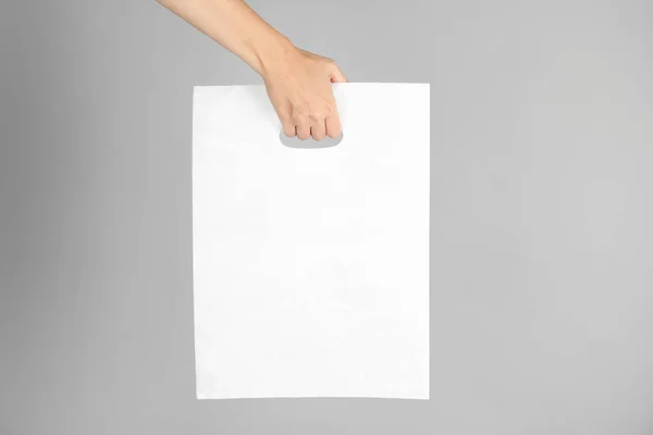 Woman Plastic Bag Grey Background Mock Design — Stock Photo, Image