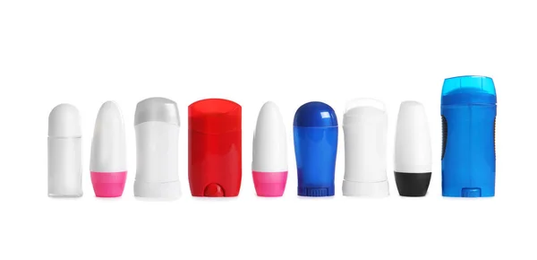 Beyaz Arkaplanda Çok Farklı Deodorantlar — Stok fotoğraf