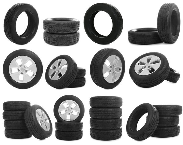 Set with car tires on white background