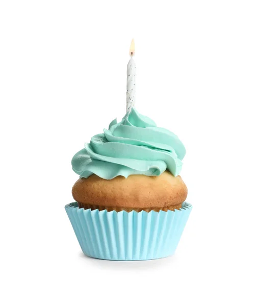 Heerlijke Verjaardag Cupcake Met Kaars Witte Achtergrond — Stockfoto