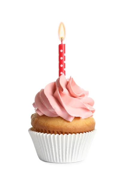 Heerlijke Verjaardag Cupcake Met Kaars Witte Achtergrond — Stockfoto