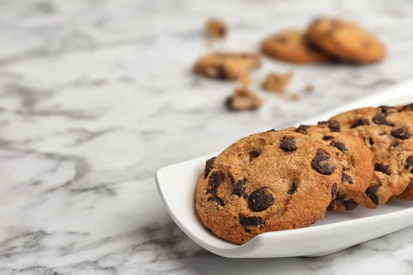 Csokoládé Chip Cookie Kat Márvány Háttér Szöveg Adható Lemez — Stock Fotó