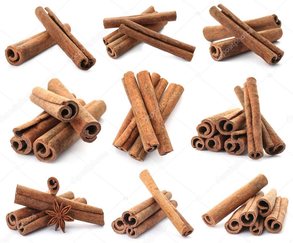 Set with aromatic cinnamon sticks on white background