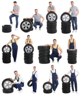 Profesyonel mekanik ve araba lastikleri ile beyaz arka plan üzerinde ayarla