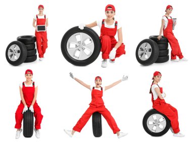 Profesyonel mekanik ve araba lastikleri ile beyaz arka plan üzerinde ayarla