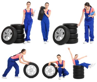 Profesyonel mekanik ve araba lastikleri ile beyaz arka plan üzerinde ayarla