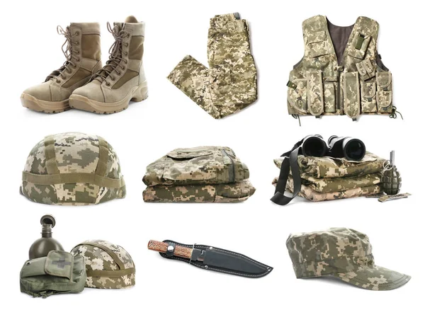 Set Med Militär Uniform Och Vapen Vit Bakgrund — Stockfoto