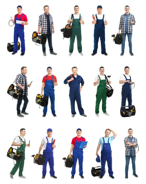 Set Met Professionele Loodgieters Moderne Hulpmiddelen Witte Achtergrond — Stockfoto