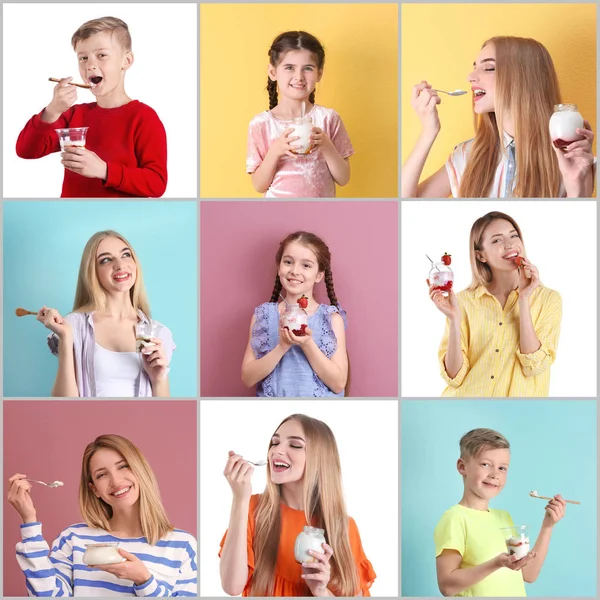 Set Med Personer Äta Läckra Yoghurt Färgbakgrund — Stockfoto