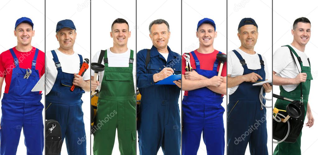 Set with professional plumbers and modern tools on white background
