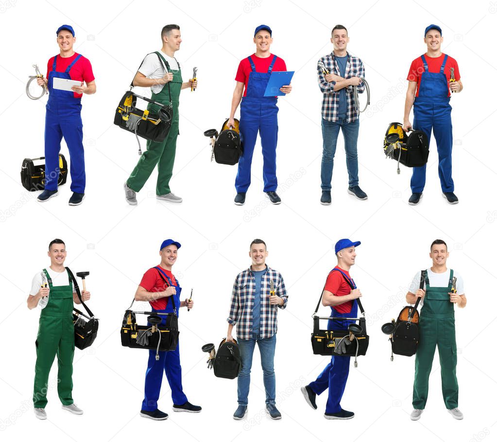 Set with professional plumber and modern tools on white background