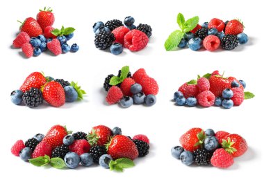 Ahududu ve diğer meyveler ile beyaz arka plan üzerinde ayarla