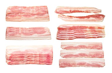 Set with raw bacon rashers on white background clipart