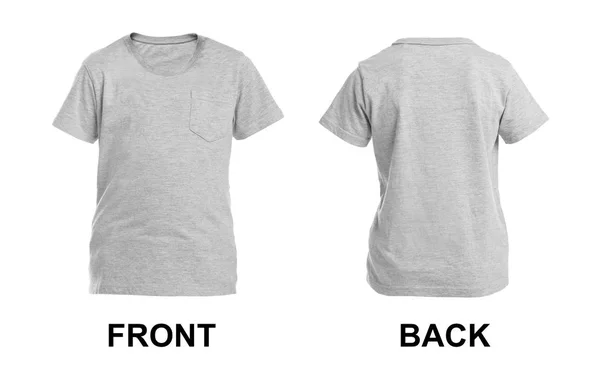 Voor Achterkant Uitzicht Lege Grijs Shirt Witte Achtergrond — Stockfoto