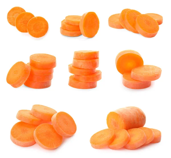 Set Con Zanahorias Maduras Rodajas Sobre Fondo Blanco —  Fotos de Stock