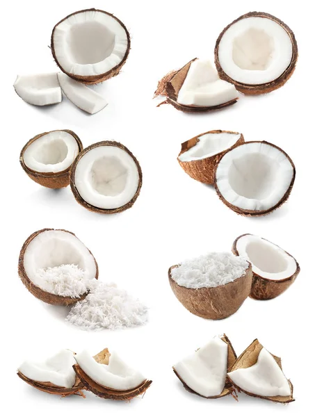 Set with coconut flakes on white background