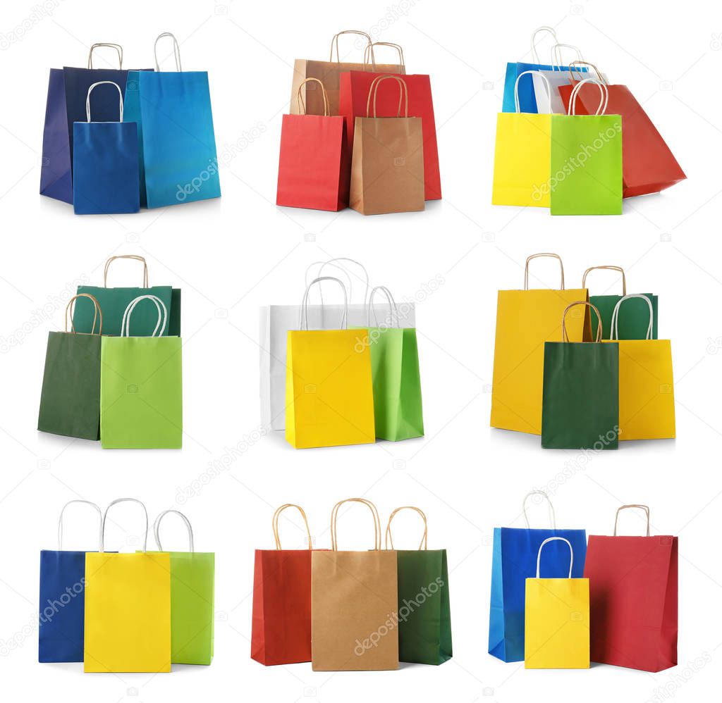 Set with shopping bags on white background