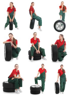 Profesyonel mekanik ve araba lastikleri ile beyaz arka plan üzerinde ayarla