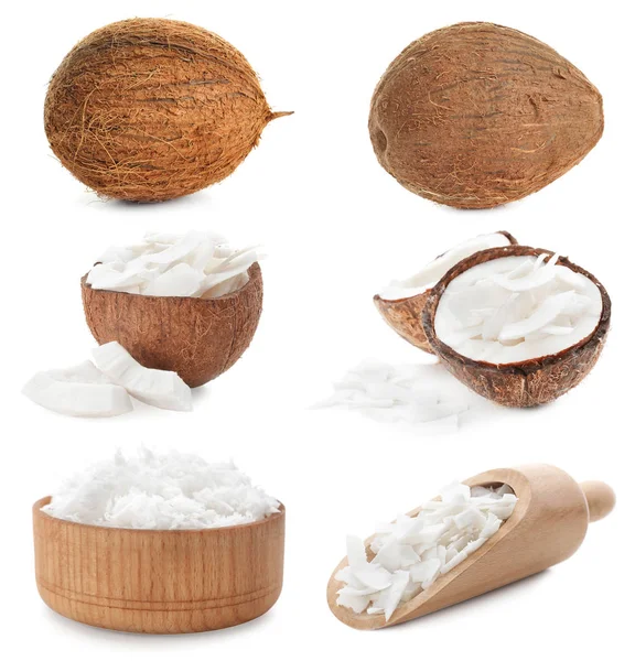 Set Coconut Flakes White Background — Stock Photo, Image