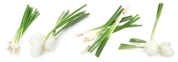 Set Con Cipolla Verde Fresca Sfondo Bianco — Foto Stock