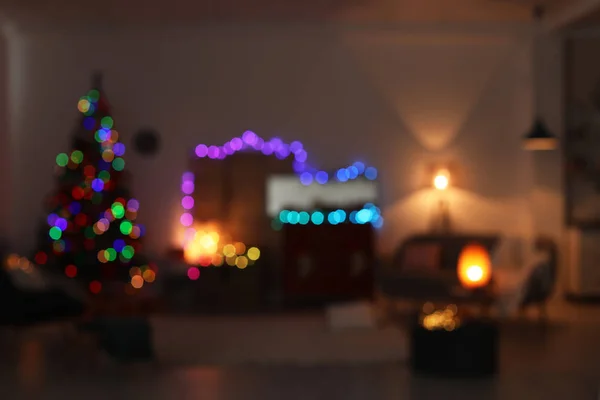 Rozmazaný Pohled Interiér Stylový Obývací Pokoj Vánoční Osvětlení Noci — Stock fotografie