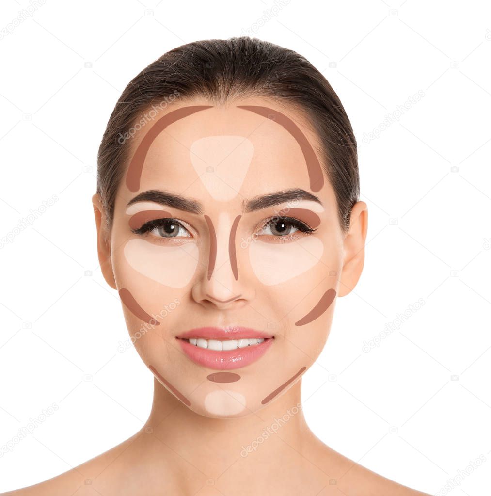 Woman with facial makeup contouring map on white background. Professional tutorial