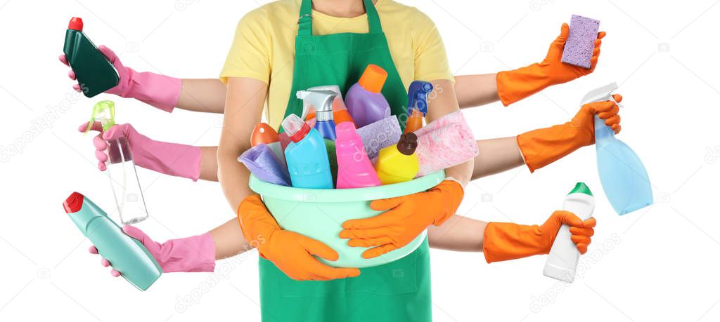 Collage with people holding different cleaning supplies in hands on white background