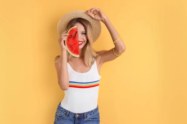 Pretty Young Woman Juicy Watermelon Color Background — Stock Photo, Image