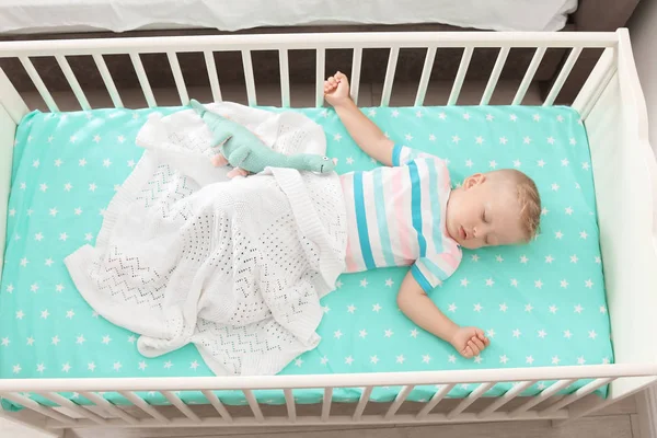 Cute Little Child Sleeping Crib Home — Stock Photo, Image