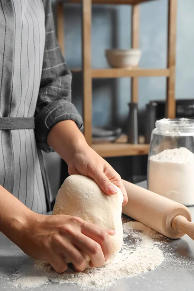 Woman Kneading Dough Pastry Table — Stock Photo, Image