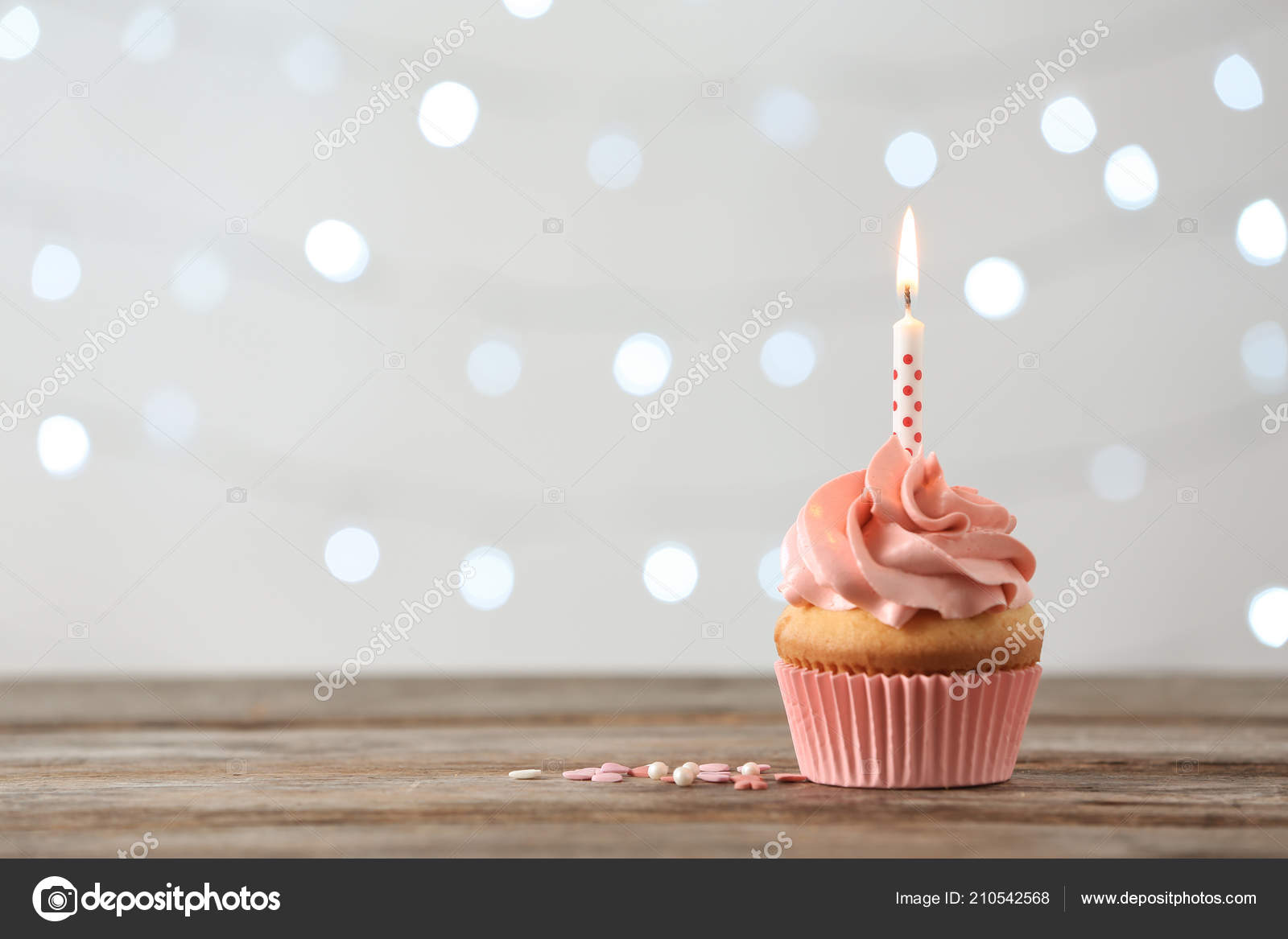 Delicious Birthday Cupcake Burning Candle Space Text Blurred Lights  Background Stock Photo by ©NewAfrica 210542568