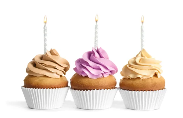 Läckra Födelsedag Muffins Med Ljus Vit Bakgrund — Stockfoto