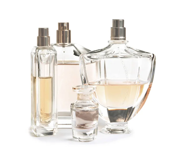 Verschiedene Parfümflaschen Auf Weißem Hintergrund — Stockfoto