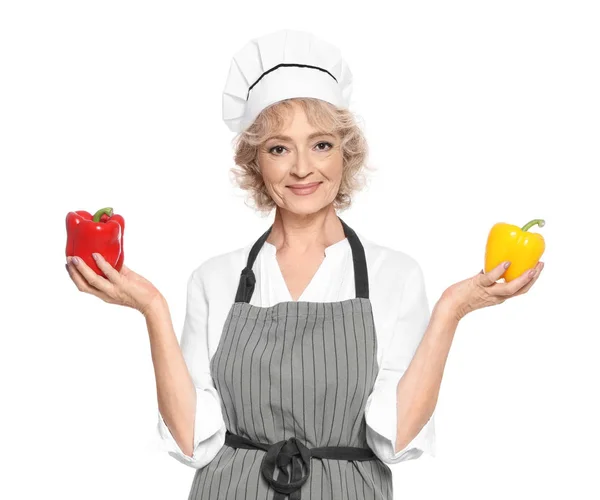 Professionele Chef Kok Met Paprika Witte Achtergrond — Stockfoto