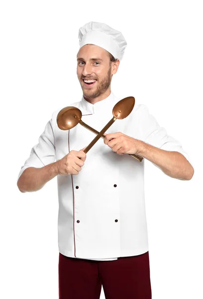 Chef Professionista Con Utensili Cucina Sfondo Bianco — Foto Stock