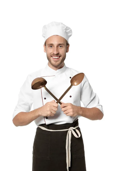 Professionele Chef Kok Met Keukengerei Witte Achtergrond — Stockfoto