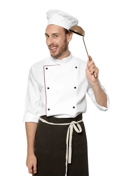 Professionele Chef Kok Met Pollepel Witte Achtergrond — Stockfoto